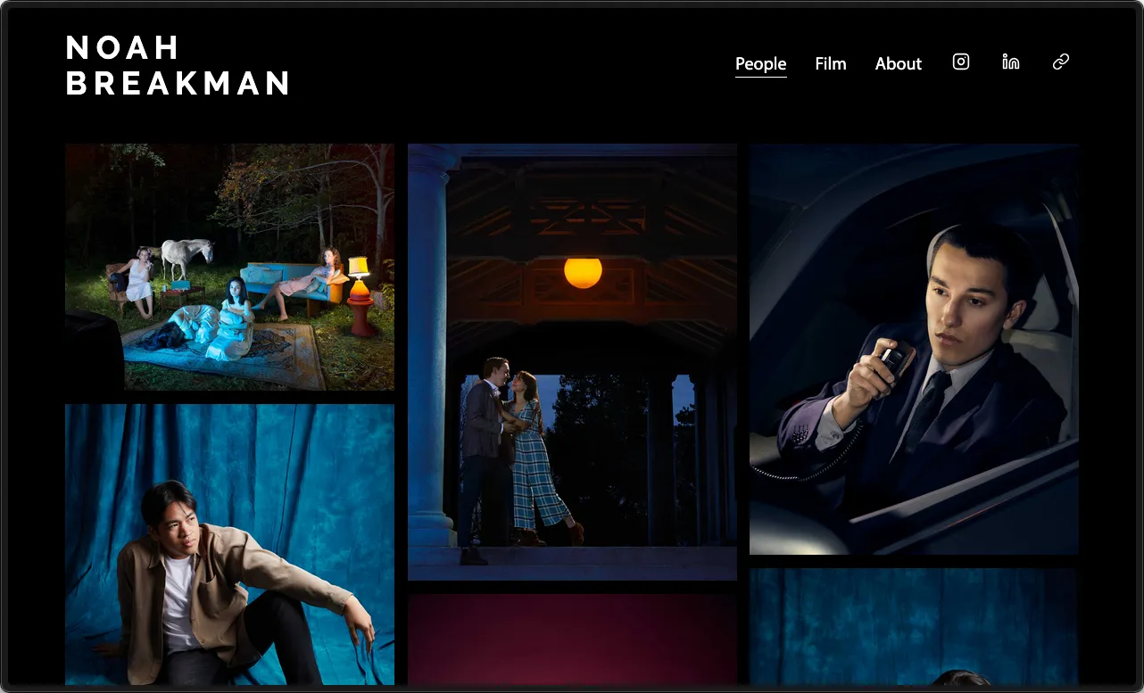 Noah Breakman's photography portfolio homepage showcasing stills including outdoor scenes, couple shots, and portraits