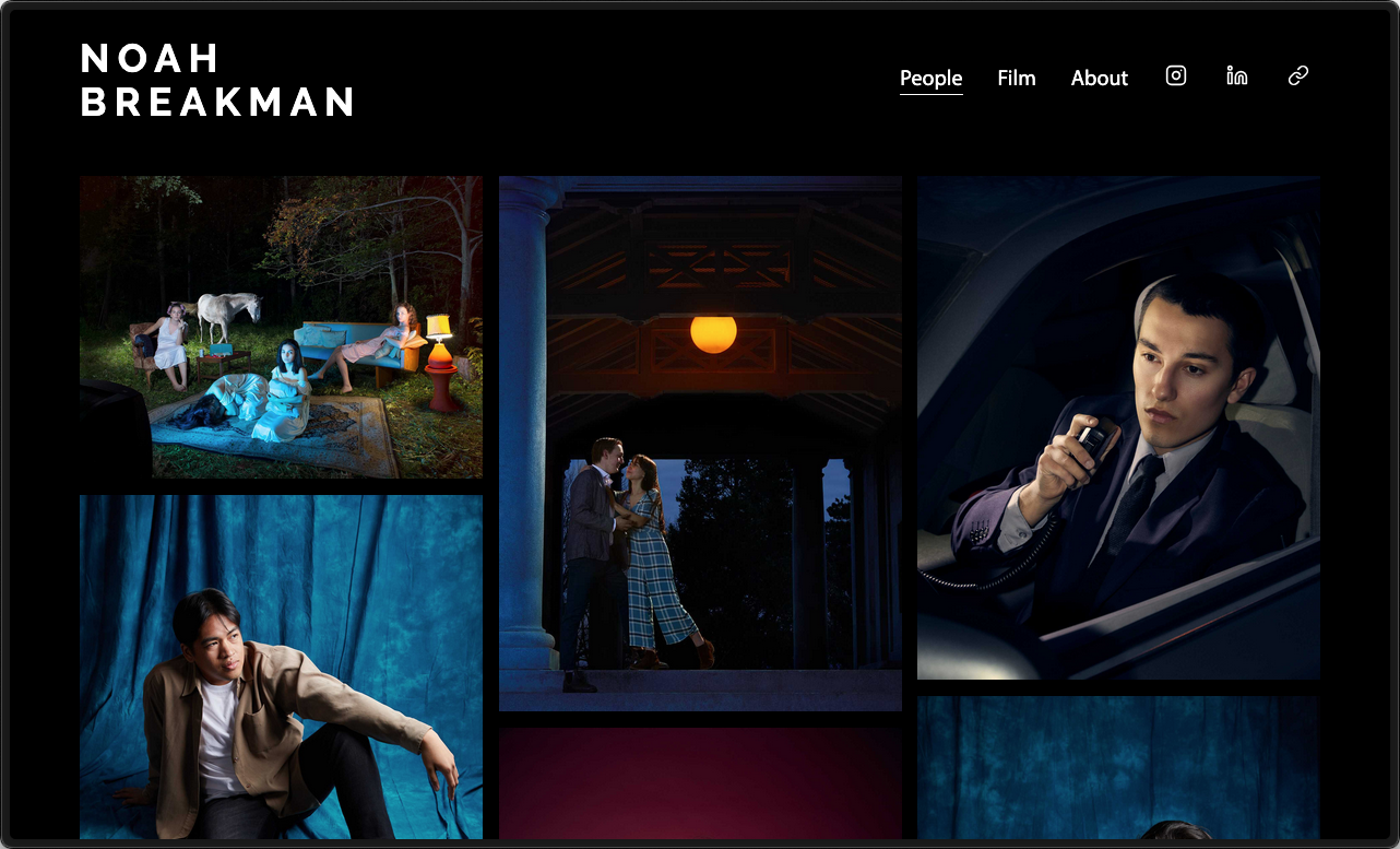 Noah Breakman's photography portfolio homepage showcasing stills including outdoor scenes, couple shots, and portraits