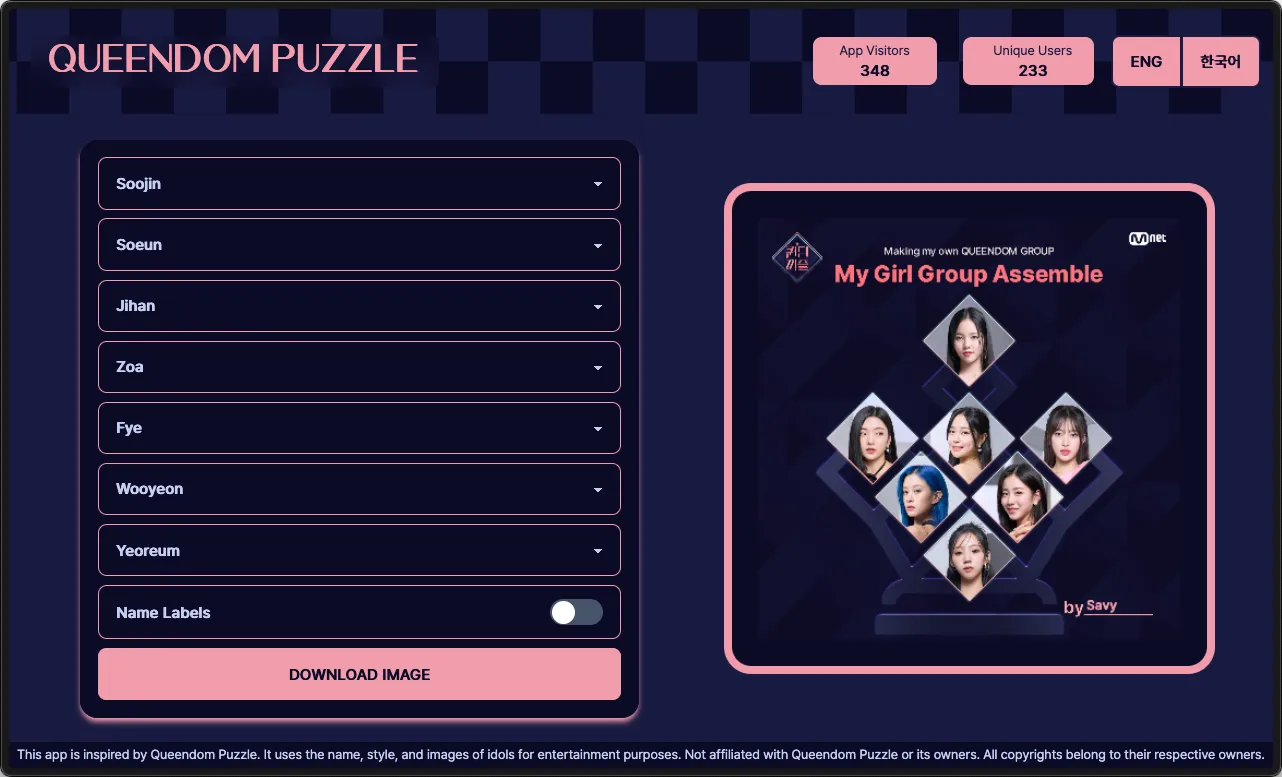 Queendom Puzzle image generator interface with member selection dropdowns and preview of generated girl group formation image