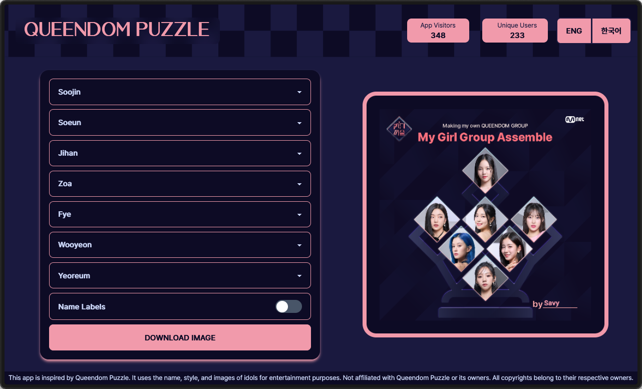 Queendom Puzzle image generator interface with member selection dropdowns and preview of generated girl group formation image