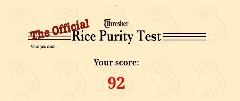 My Result for The Rice Purity Test. It has a header text `Thresher, The Official Rice Purity Test`. And `Your Score: 92` in a large font size.