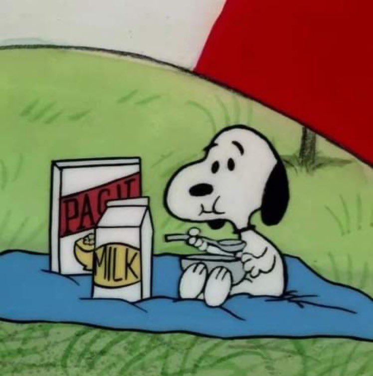 image of snoopy peacefully eating cereal