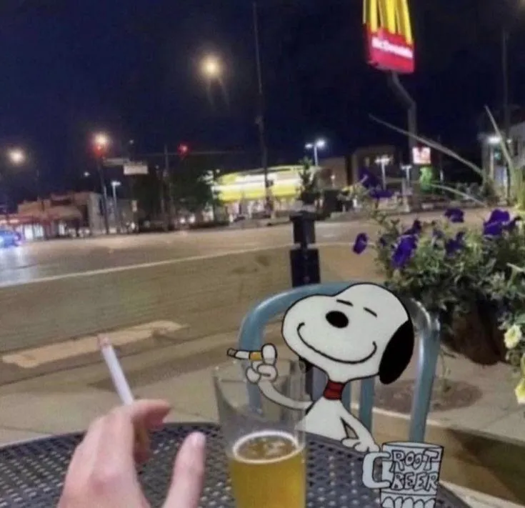 a POV image of a person smoking and drinking a beer on a roadside with snoopy smoking and sitting opposite them