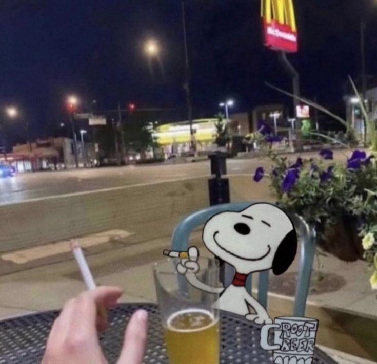 a POV image of a person smoking and drinking a beer on a roadside with snoopy smoking and sitting opposite them