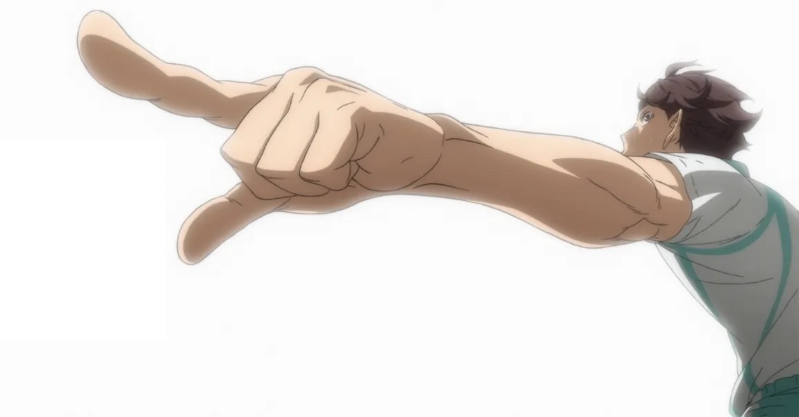 Toru Oikawa from Haikyuu pointing to the left side while facing away from the viewer.